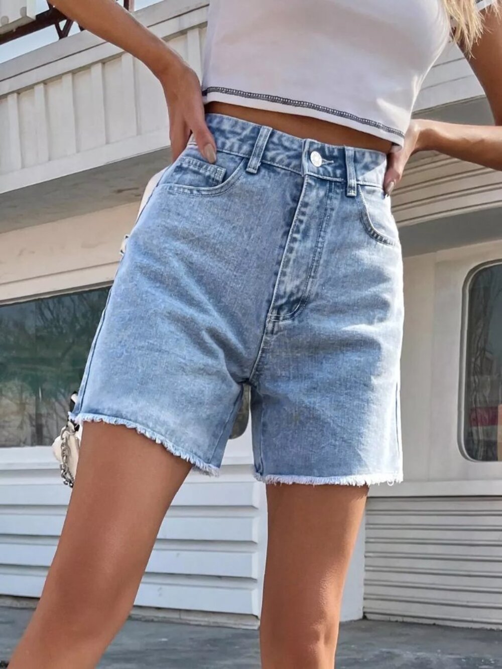 Raw Hem Denim Shorts - Picture 8 of 13